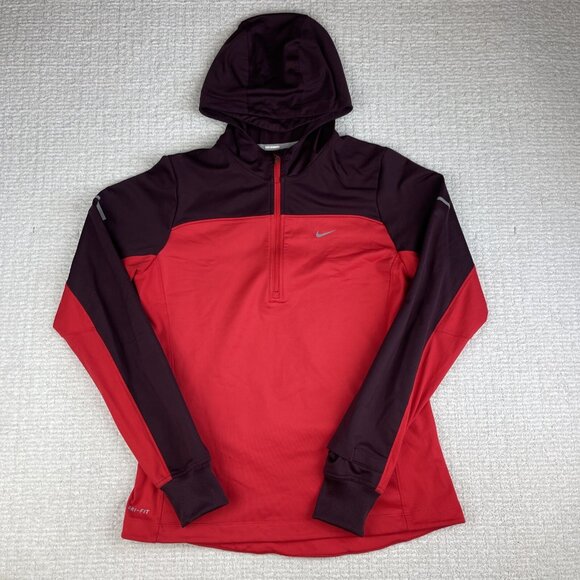 NIKE Running 546047 Dri-Fit Thermal Half Zip Red Hoodie Hooded Sweatshirt Sz M - Picture 1 of 16